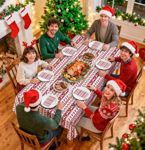HEIPINIUYE 3 Pack Christmas Disposable Tablecloths 54x108 Inch Red & White Holiday Party Cover