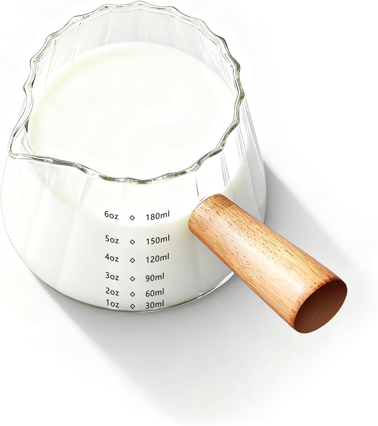 YARRAMATE Glass Measuring Cup - 6 oz/180ML with Wooden Handle | Ribbed Design for Easy Pouring