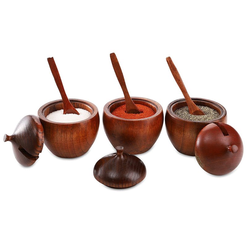 DEAYOU 3 Pack Wood Salt Box Spice Jar, Natural Wooden Salt Cellar with Lid and Spoon, Sugar Bowl Pepper Seasoning Container Holder Keeper for Kitchen, Serving, Condiment, Japanese Style