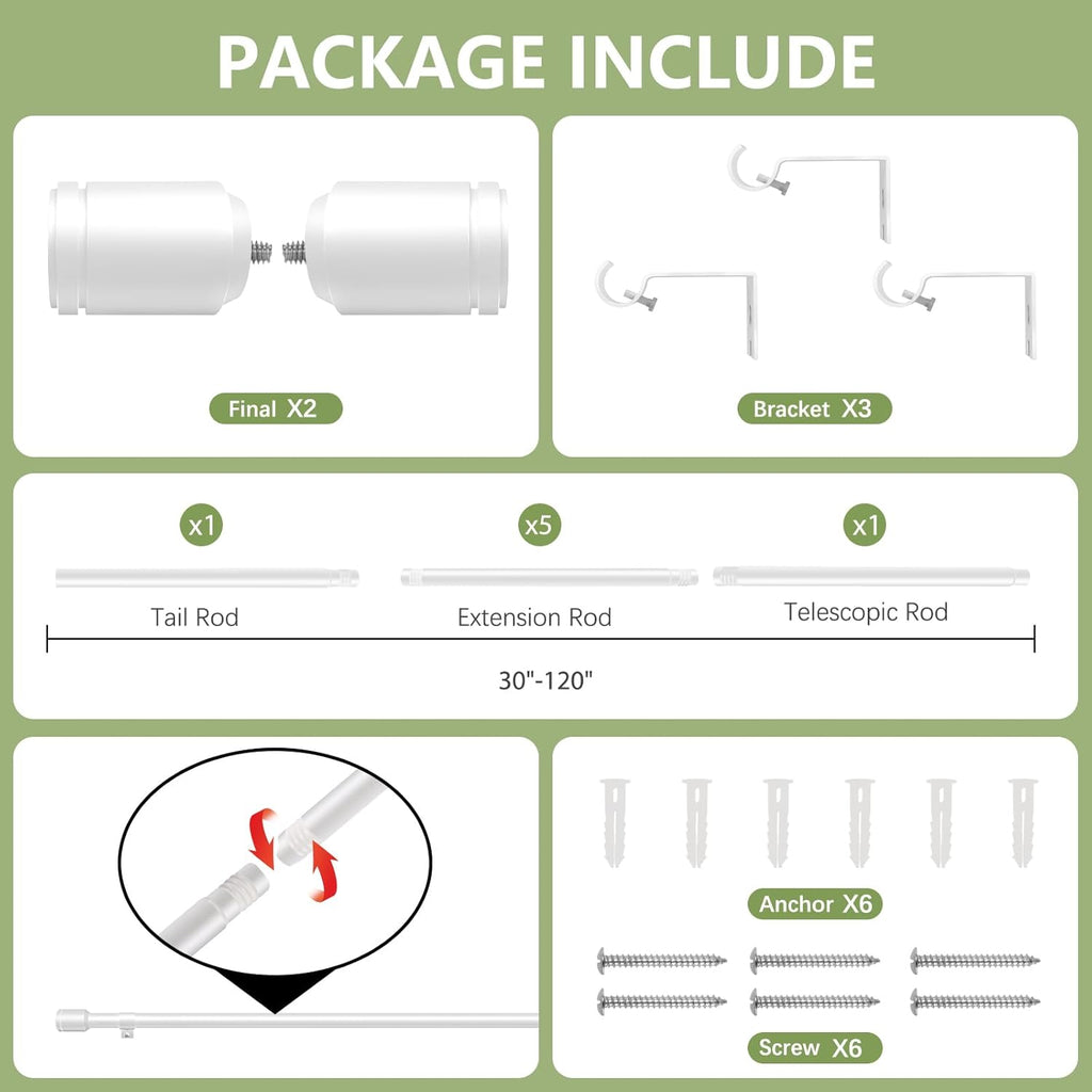 Adjustable 5/8” Diameter White Curtain Rods by [Brand Name] | 30-120 Inch for Windows with Brackets