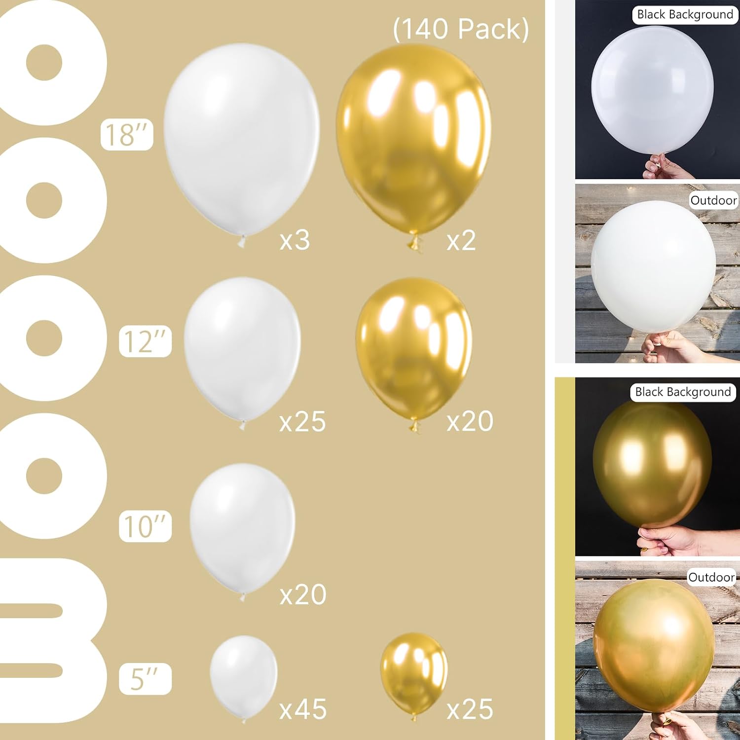 PartyWoo White & Gold Balloons - 140-Piece Set in Various Sizes for Stunning Birthday & Party Decor