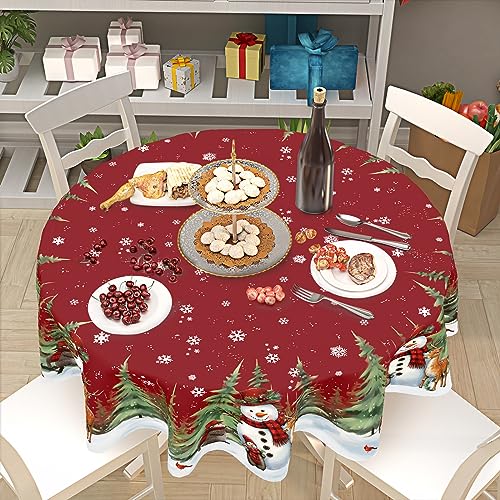 Sweetshow Dark Red 60-Inch Round Christmas Tablecloth Snowman Snowflake Holiday Decor