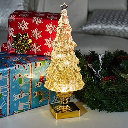 Light Up Christmas Tree Snow Globe - Gold Glitter, 15.25" Holiday Decor