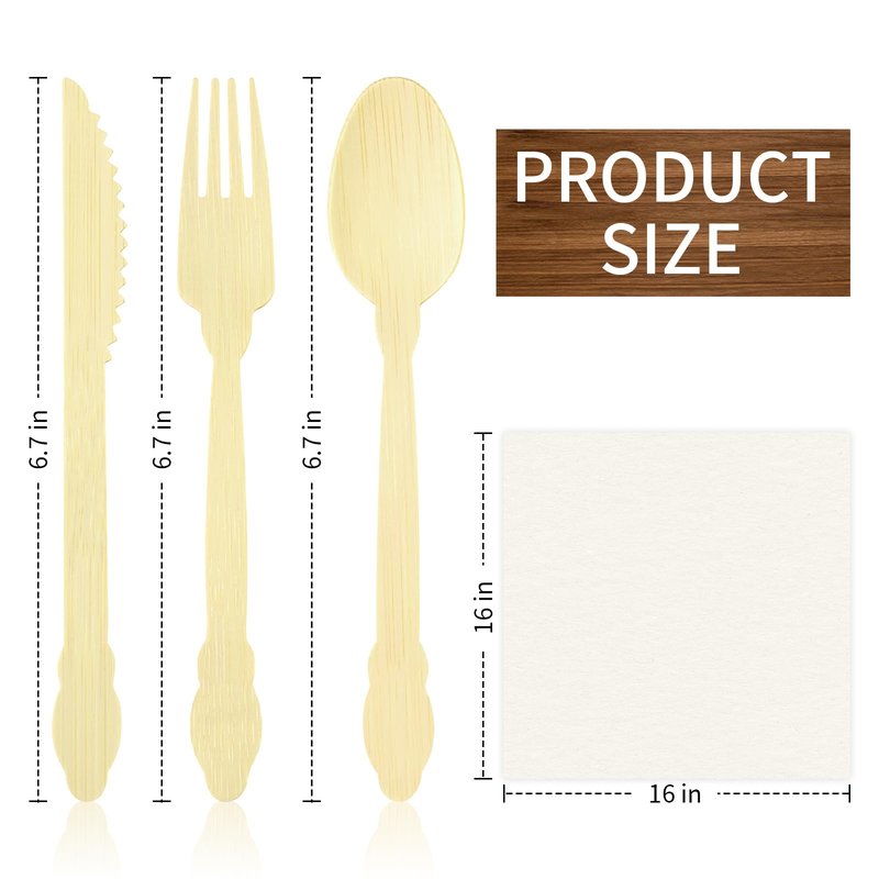 Pre Rolled Napkin and Bamboo Cutlery Set - 100pack Biodegradable Bamboo Silverware/Utensils/Flatware with Napkins, Compostable Wrapped Bamboo Cutlery for Party, Banquet, Wedding
