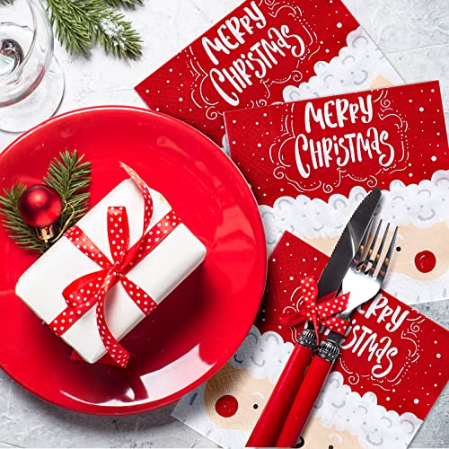Whaline 100 Pack Merry Christmas Santa Napkins 6.5x6.5in Red/White 2-Ply Disposable Party Napkins