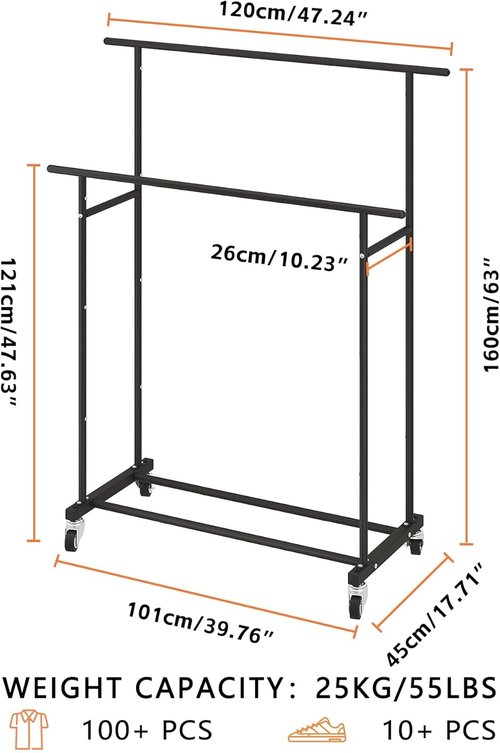 Calmootey Double Rod Clothing Rack - Portable Rolling Organizer for Bedroom & Living Room - Black