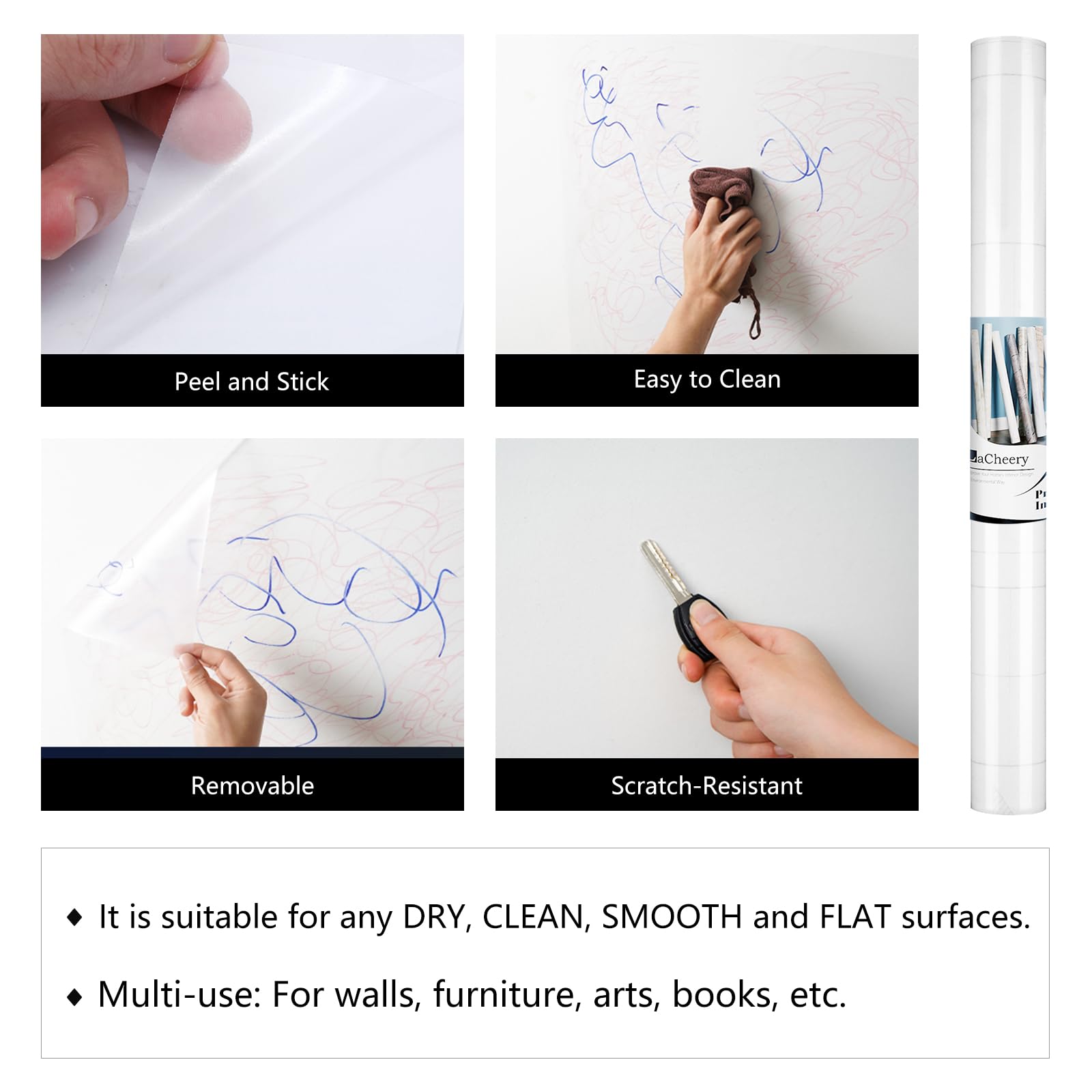 LaCheery 17.7"x276" Clear Wall Protector Contact Paper for Walls Glossy Clear Self Adhesive Wallpaper Peel and Stick Vinyl Removable Wall Paper Furniture Kitchen Backsplash Protective Transparent Film