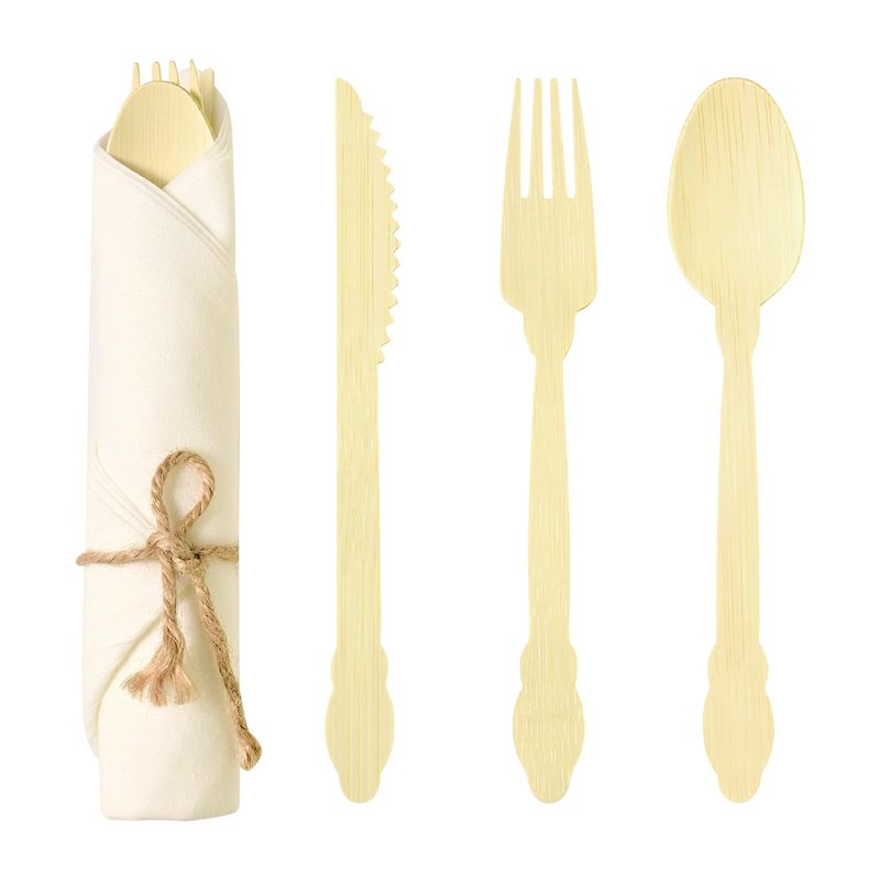 Pre Rolled Napkin and Bamboo Cutlery Set - 100pack Biodegradable Bamboo Silverware/Utensils/Flatware with Napkins, Compostable Wrapped Bamboo Cutlery for Party, Banquet, Wedding