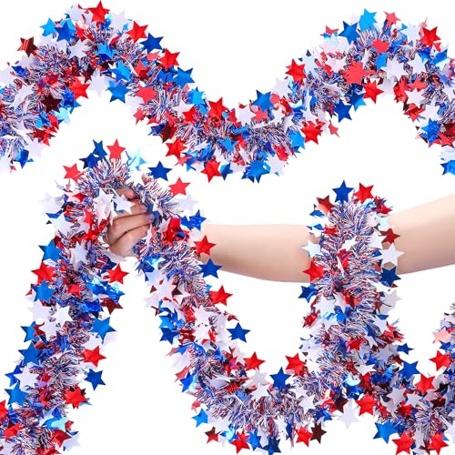 52.5ft Patriotic Star Tinsel Garland - Red White & Blue 4th of July Decor