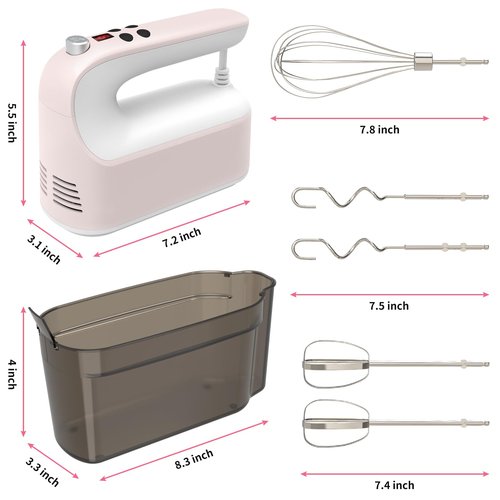 CBQ Hand Mixer Electric, 9 Speed 400W Handheld Mixer with Digital, Touch Button, Turbo, Snop-On Storage Case, 5 Stainless Steel Accessories, Hand Mixer Electric Handheld for Cake, Cookie, Egg (Pink)