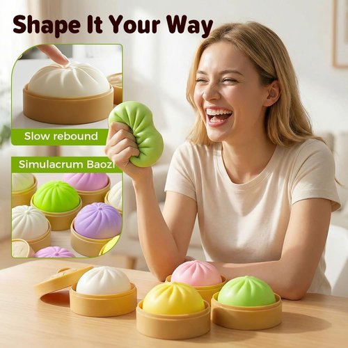 Dumpling Squishies Stress Relief Balls - Handmade Fidget Toys with Steamer Case | Soft TPR Big Bun for Anxiety Relief (Pink)