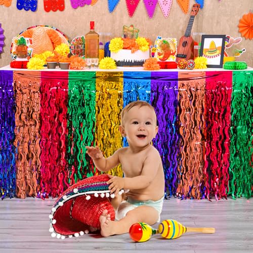 Fiesta Metallic Foil Fringe Table Skirts, 2 Pack Mexican Party Decorations