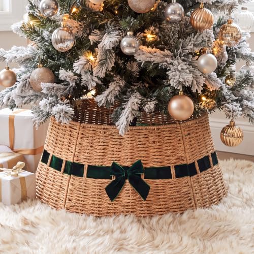 Christmas Tree Collar Basket with Green Bow 23.6'' Wicker Base Cover – Forest Green Velvet