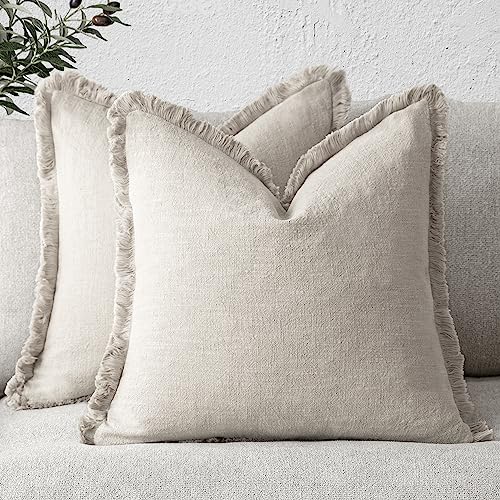 Foindtower Boho Linen Fringe Throw Pillow Covers Set of 2 - 20x20 Inch