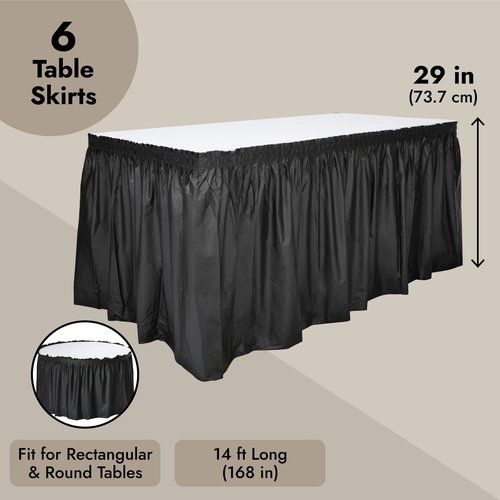 Juvale Plastic Table Skirt - 29 in x 14 Ft, Black, Set of 6, Ruffled - Disposable Rectangular Party Table Skirt with Adhesive Strips & Lightweight for Birthday Parties, Wedding Showers & Events