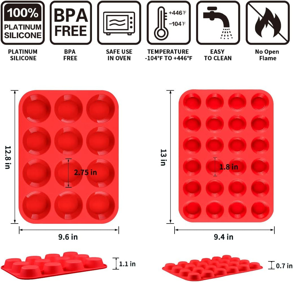 Silicone Muffin Pan Set - 12-Cup Regular & 24-Cup Mini Muffin Tins for Perfect Baking