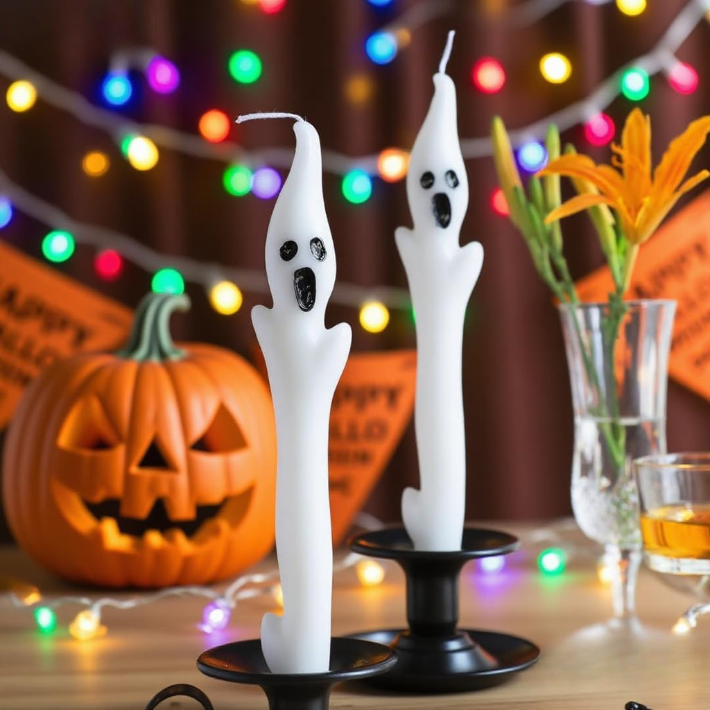 Skiennix Halloween Ghost Candles Set - Cute White Taper Candles with Spooky Faces | 2-Piece Decor for Parties & Haunted Houses