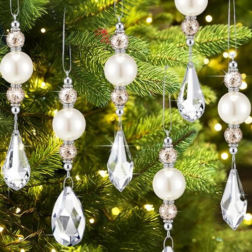 Champagne Gold Pearl & Crystal Drop Ornaments - 12 Pcs Christmas Tree Decorations