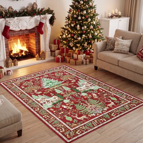 Garvee Red 4x6 Christmas Area Rug with Tree & Animal Prints - Festive Home Decor