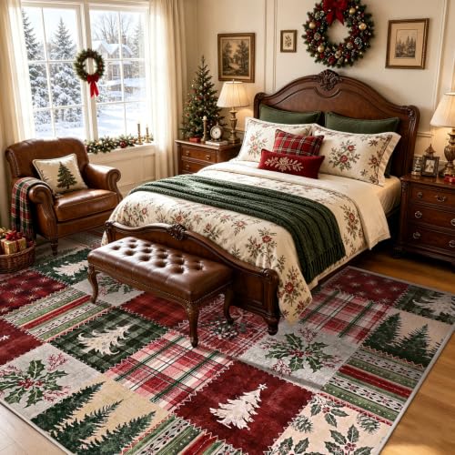 Christmas Patchwork Rug 5x7 ft Red Plaid Holiday Living Room Decor - Washable