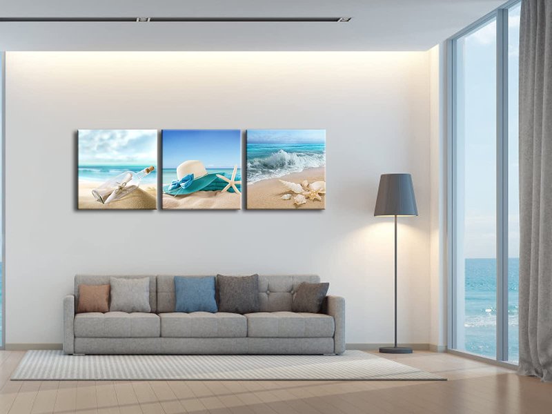 Pyradecor 3 Piece Starfish Seashell Bottle Beach Pictures Paintings on Canvas Prints Wall Art Work for Living Room Home Office Decorations Large Modern Gallery Wrapped Seascape Seaview Artwork