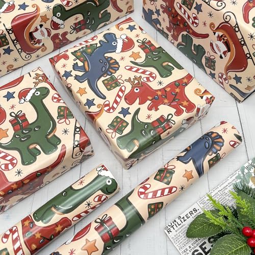 Dinosaur Christmas Wrapping Paper 8 Sheets 28 x 20 in - Dinasour Xmas Variation