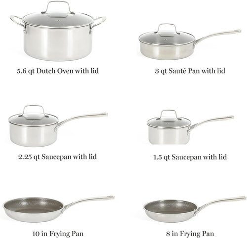 Martha Stewart Badgley Hybrid Nonstick Cookware Set - 10 Piece TriPly Stainless Steel Pots & Pans, Non-Toxic, Dishwasher Safe