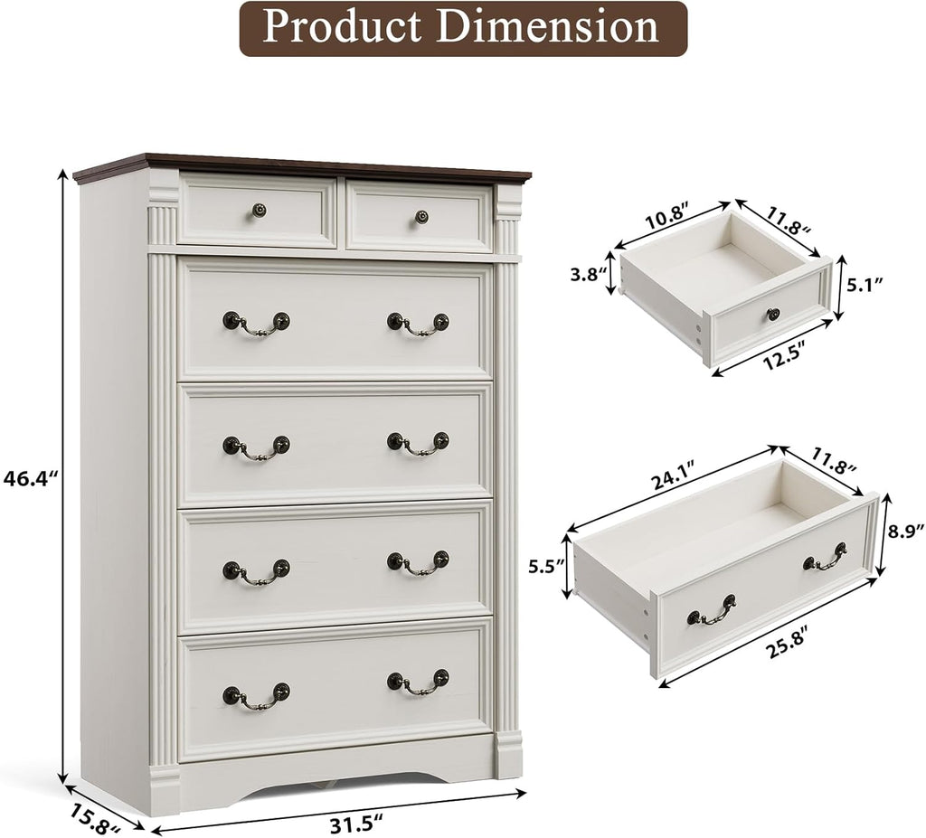 Regine Switzerland 6-Drawer Dresser - Rustic White Tall Chest with Chic Wood Pilasters | 47" Bedroom Organizer