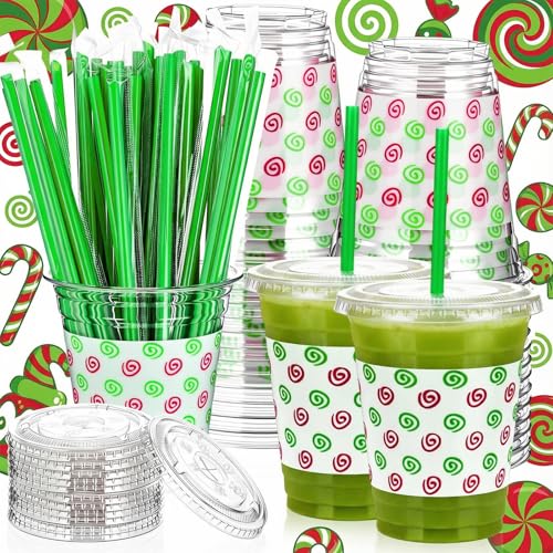 Christmas Plastic Cups with Lids and Straws 12oz Set - Lime Green & Red, Classic