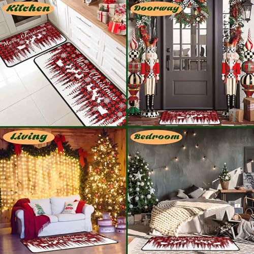 OXIUAZ Buffalo Plaid Xmas Kitchen Rug Set 2 - 17x47" & 17x30" White Snowflake