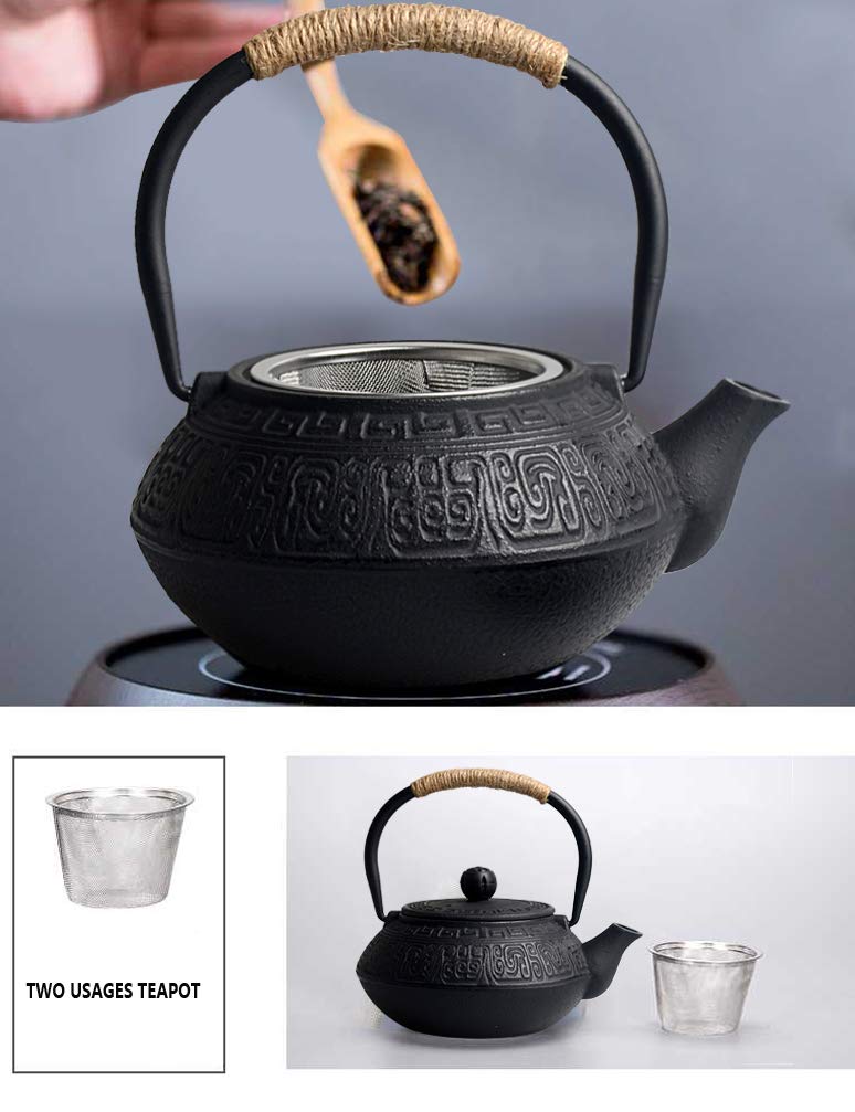 Hwagui - Chinese Cast Iron Teapot with Tea Infuser, Iron Tea Kettle Set, Benefit for Healthy(600ml/20oz)