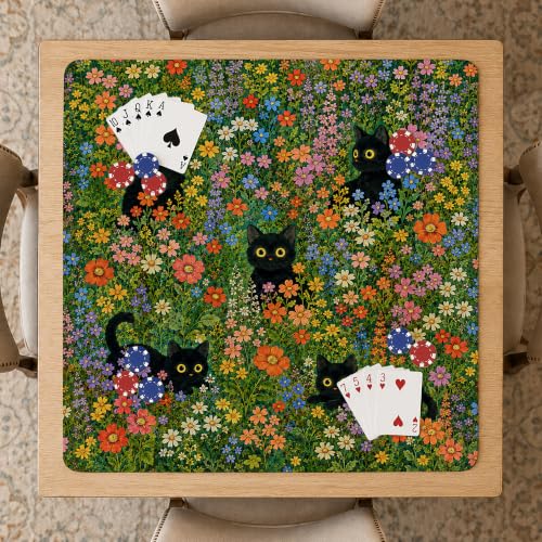 Floral Black Cat Mahjong Mat 31.5" x 31.5" - Non-Slip Noise-Reducing Cover