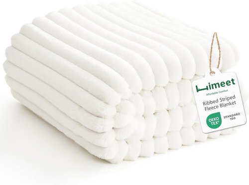 HIMEET Off White Ribbed Queen Size Blanket - 300GSM Lightweight Fleece for Home Decor | 90x90 Inches