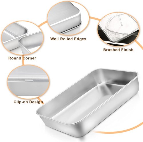 E-far Toaster Oven Baking Pan Set - 10.4”x 8”x 2” Stainless Steel Cake Pans with Lids | Non-Toxic & Dishwasher Safe
