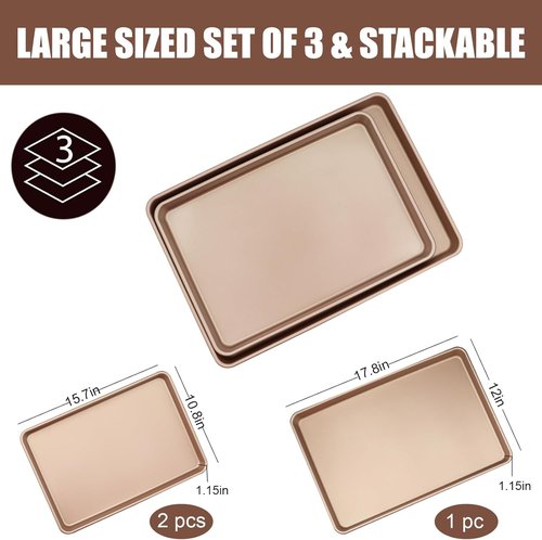 Heavy Duty 3-Pack Nonstick Carbon Steel Baking Sheet Set - Large 17.8"x12" & Medium 15.7"x10.8" Gold Pans for Oven & Roasting