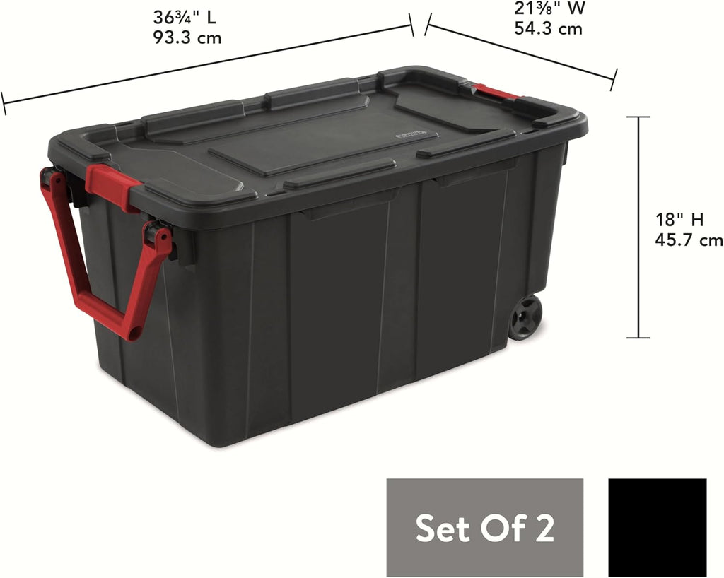 YHNNH Industrial Storage Tote - Heavy Duty 40 Gallon Container with Wheels | Black, Set of 2, 36.75x21.38x18 Inch