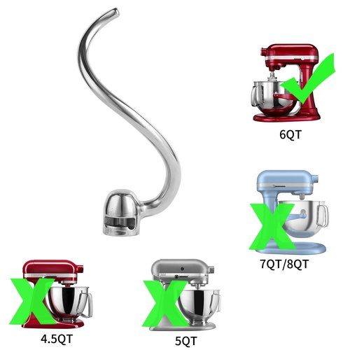 Stainless Steel Spiral Dough Hook Compatible with KitchenAid 5 Plus-6QT Mixer,Bowl Lift Stand Mixer Accessory, Rust Resistant, Effectively Kneads Bread,Pizza,Pasta and Biscuits,Dishwasher Safe