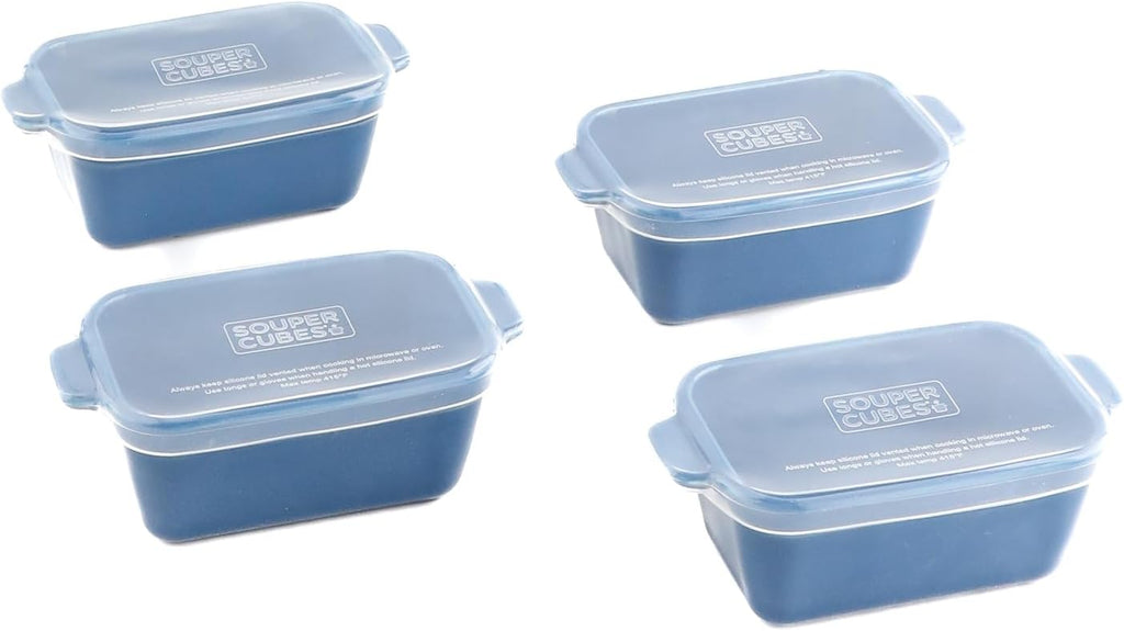 Souper Cubes Stoneware Baking Dishes - Premium Mini Ceramic Oven Dishes with Silicone Covers, Set of 4 | 5" x 3" - Blueberry