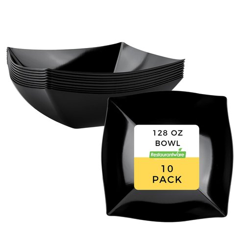 Restaurantware Moderna 128 Ounce Fancy Plastic Bowls 10 Square Disposable Salad Bowls - Durable Heavy-duty Black Plastic Bowls For Warm And Cold Foods