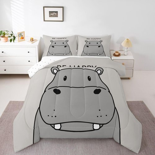 jejeloiu Kids Hippo Bedding Set Twin Size Cute Hippopotamus Comforter Set Be Happy Quote Comforter Boys Girls Teens Ultra Soft Cartoon Grey