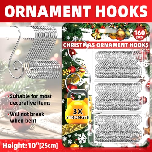 160 Pcs Silver Christmas Ornament Hooks - S-Shaped Hangers with Storage Box