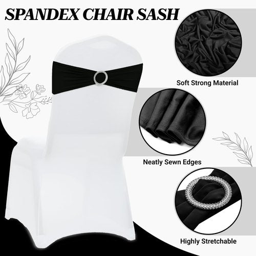 MDS Spandex Chair Sashes - Premium Stretch Covers with Buckle Slider for Weddings & Events | Black, Set of 50