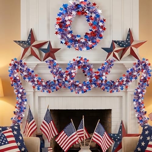 50ft Patriotic Star Tinsel Garland - Red White & Blue July 4th Decor