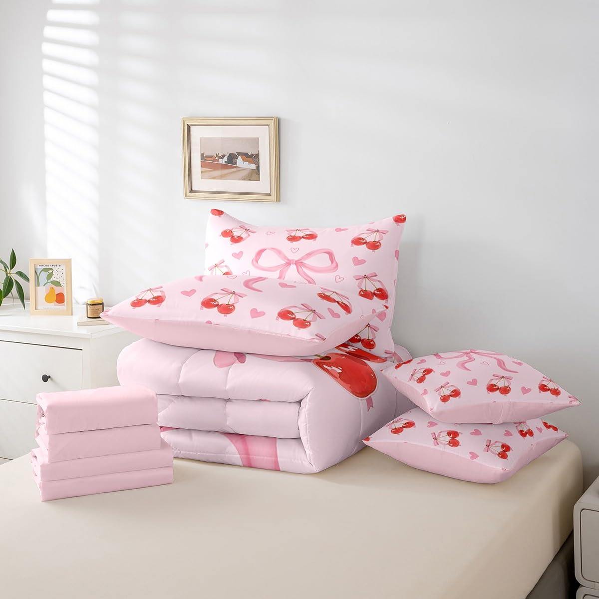 Erosebridal Cherry Bow Bed in a Bag,Yummy Fruit 7 Piece Bedding Set Twin Size,Oil Art Fruit Bow Bed Set Includes Comforter, Sheet Set, Pillowcases & Pillow Covers All Season Bedroom Decor
