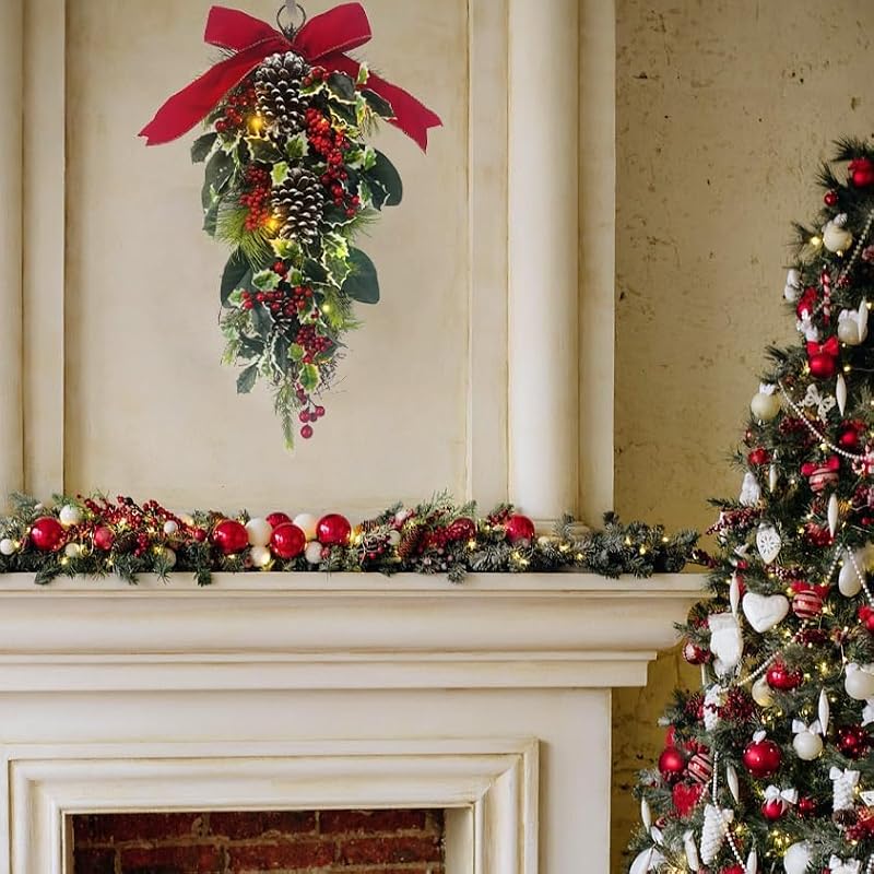 24-Inch Christmas Teardrop Swag with Red and White Ornaments and Berries