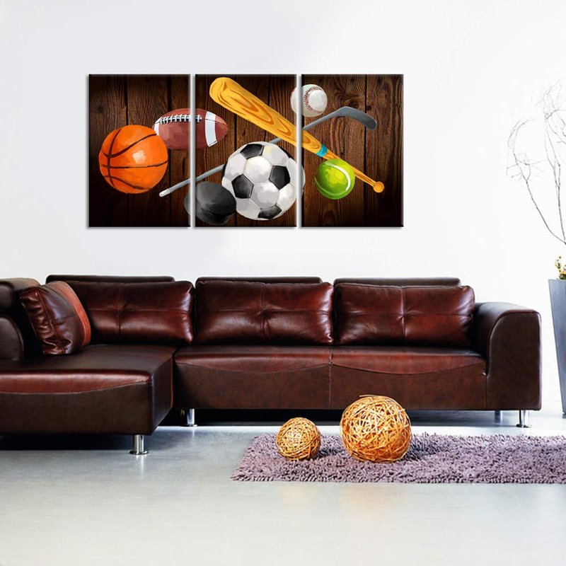 iHAPPYWALL 3 Pieces Vintage Sports Canvas Wall Art Basketball Football Baseball Soccer Hockey Balls Picture Prints for Living Room Bedroom Office Ready To Hang 16x24inchx3pcs
