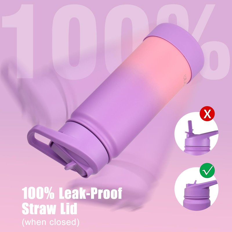 Mininoo Kids Water Bottle for School, 16oz Insulated Stainless Steel Water Bottle Kids with Straw Lid for Girls（Purple/Pink）
