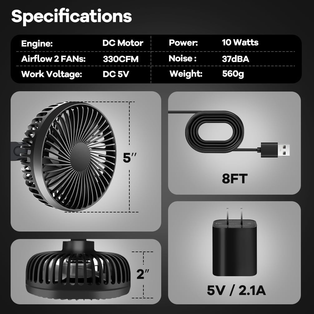 Skiennix Grow Tent Fan - 5-Inch Dual Fans for All-Direction Ventilation | 3-Speed, Waterproof, 8ft Cord