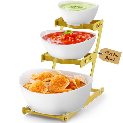 Lifewit 3 Tier Plastic Serving Bowls with Gold Metal Stand, Chips and Dip Serving Tray Set for Entertaining Party, Crack-Proof Serving Platters for Fruit/Snack/Candy, 31 x 20 x 27 cm/12 x 8 x 10.6