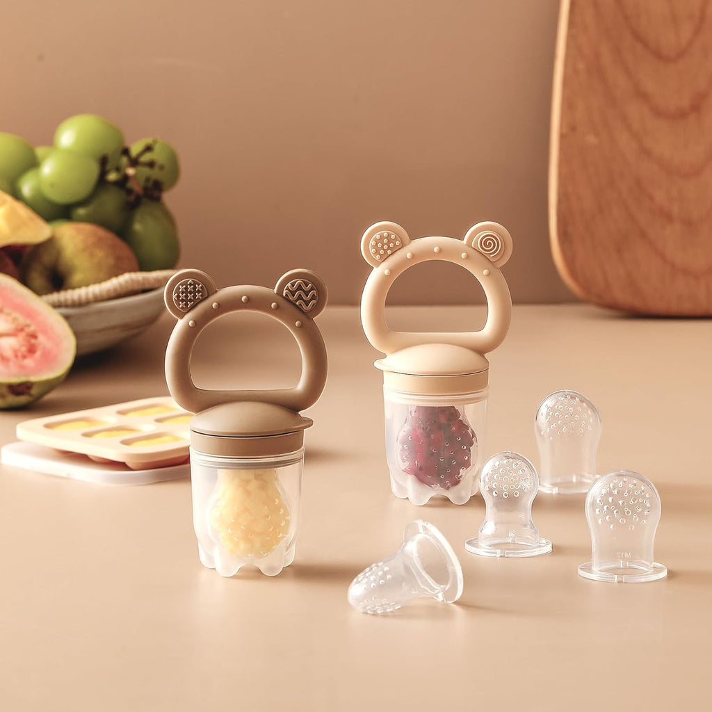 Skiennix Silicone Baby Fruit Feeder - 2 Pack with Mini Freezer Tray & Breastmilk Popsicle Molds for Teething Relief